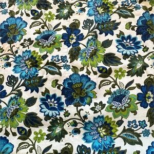 Vintage Large Floral Print Fabric Blue Green White Mid Century Retro Curtains